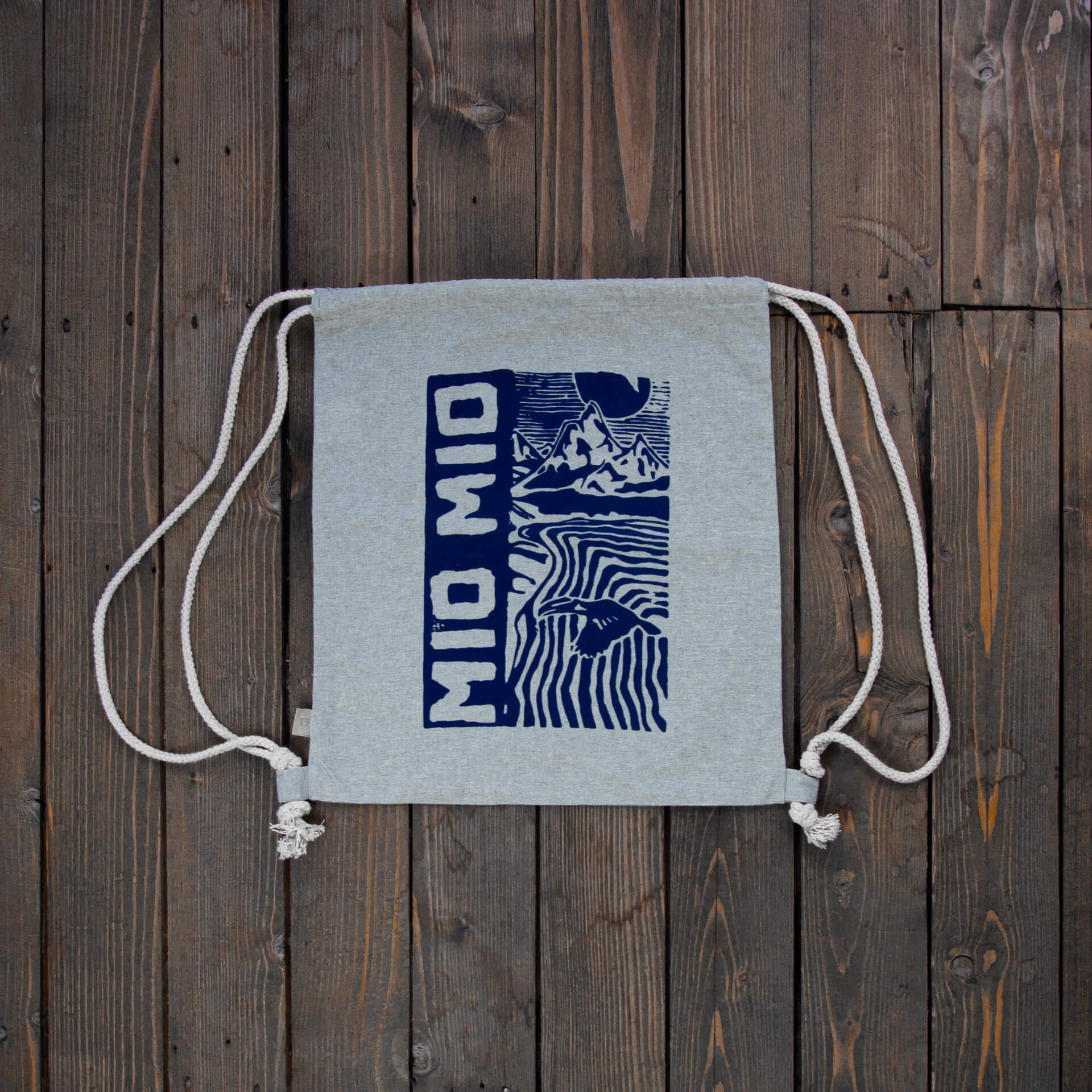 Weißer Mio Mio Baumwollbeutel mit blauem Mio Mio Druck