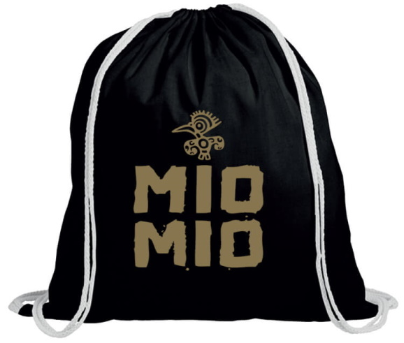 Schwarzer Mio Mio Baumwollbeutel mit goldenem Logo und weißen Bändern